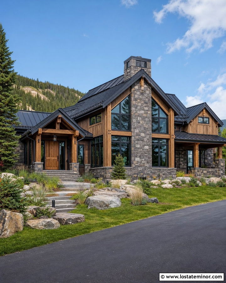 Stone Mountain House With Black Window Walls - 30 Stone House Design With Window Frames Ideas