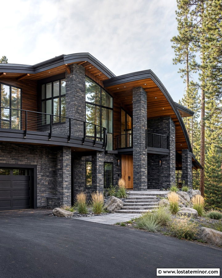 Stone Mountain House With Curved Cable Railings - 30 Stone House Design With Railings Ideas
