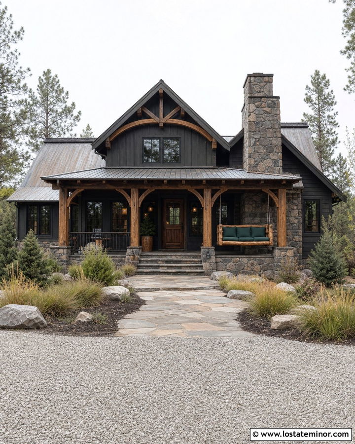 Stone Mountain House With Log Swing - 30 Stone House Design With Swing Ideas