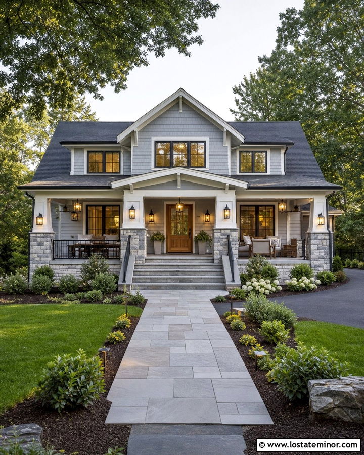 Stone Porch Columns With Pier Lights - 30 Stone House Design With Light Fixtures Ideas
