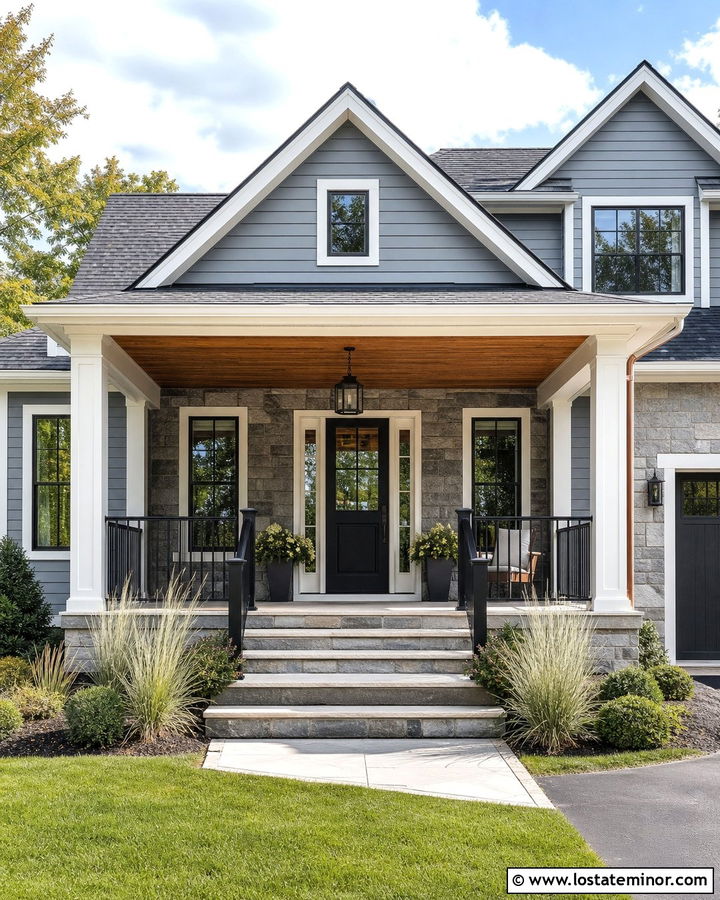 Stone Porch With Black Mid View Storm Door - 30 Stone House Design With Storm Door Ideas