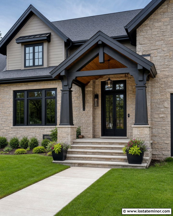 Stone Porch With Gabled Shingle Awning - 30 Stone House Design With Awning Ideas