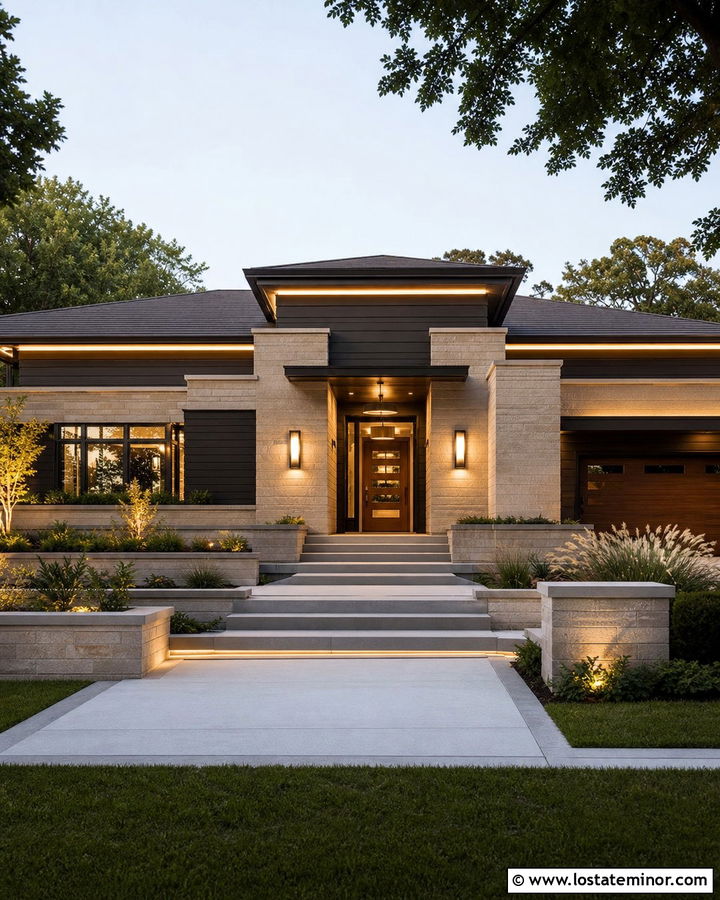 Stone Prairie House With Horizontal Lighting - 30 Stone House Design With Lighting Ideas