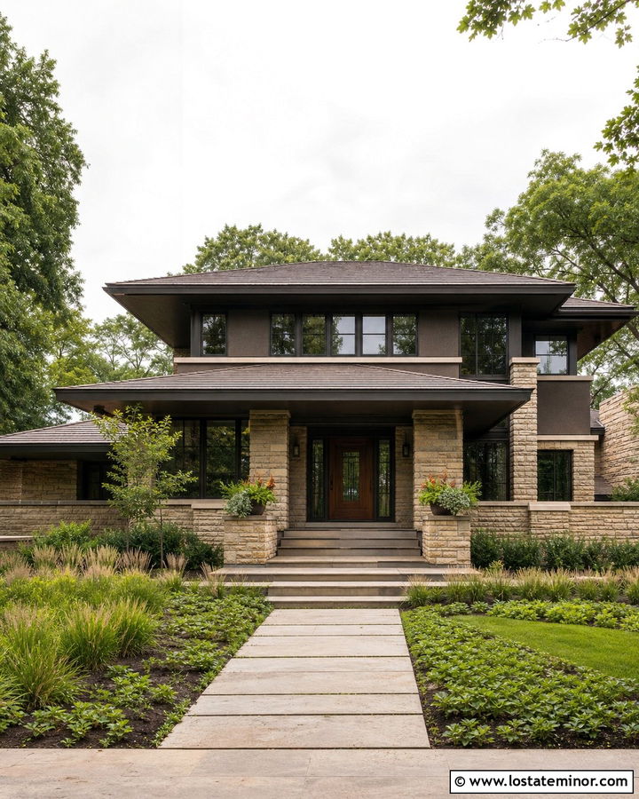 Stone Prairie House With Linear Walkway - 30 Stone House Design With Walkway Ideas