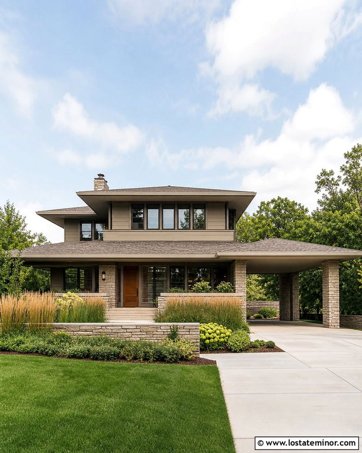 Stone Prairie House With Wide Eave Carport - 30 Stone House Design With Carport Ideas