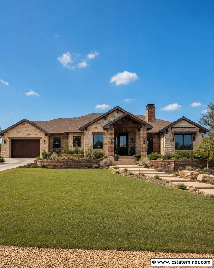 Stone Ranch House With Brick Column Accents - 30 Stone House Design With Brick Accents Ideas