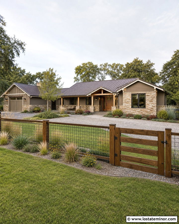 Stone Ranch House With Cattle Panel Fence - 30 Stone House Design With Fence Ideas