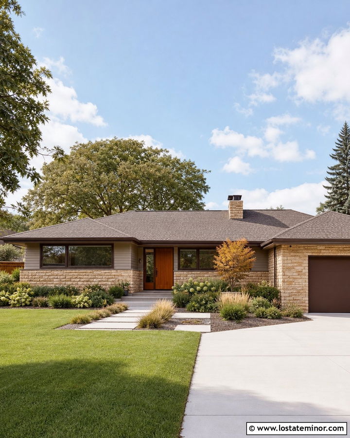 Stone Ranch House With Dark Brown Window Frames - 30 Stone House Design With Window Frames Ideas