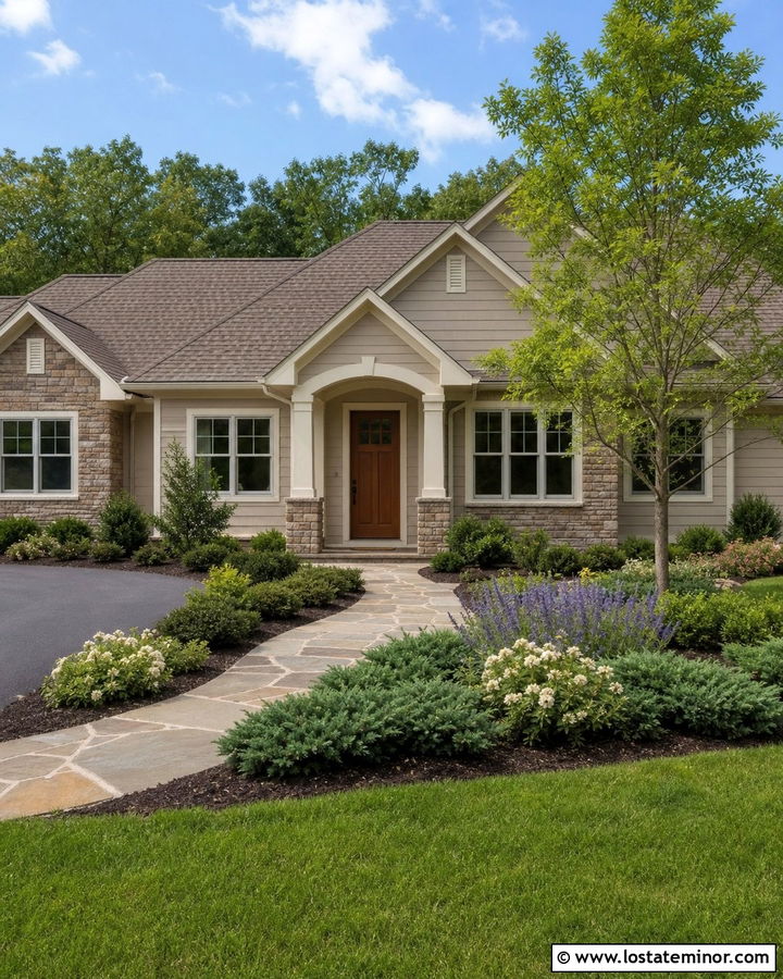 Stone Ranch House With Layered Foundation Plants - 30 Stone House Design With Landscaping Ideas