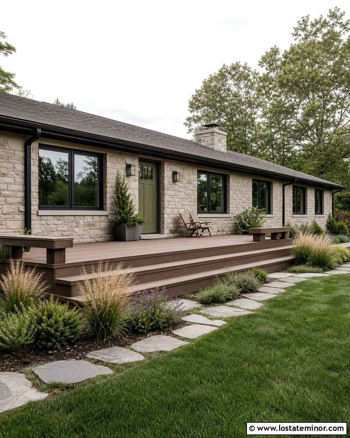 Stone Ranch House With Low Deck - 30 Stone House Design With Deck Ideas