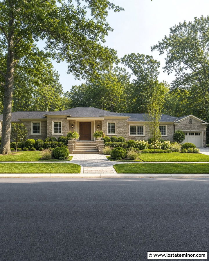 Stone Ranch House With Low Wide Steps - 30 Stone House Design With Steps Ideas