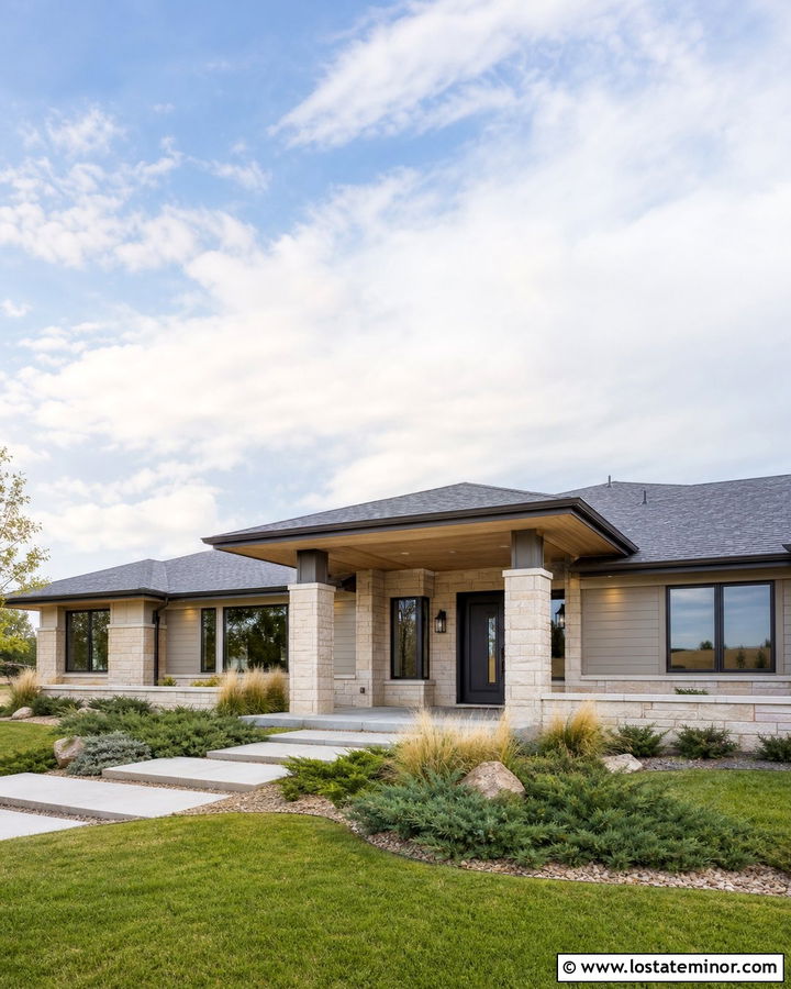 Stone Ranch House With Natural Oak Porch Ceiling - 30 Stone House Design With Porch Ceiling Ideas