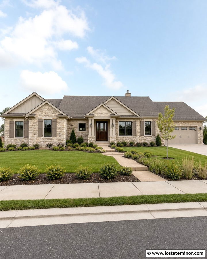 Stone Ranch House With Taupe Shutters - 30 Stone House Design With Shutters Ideas