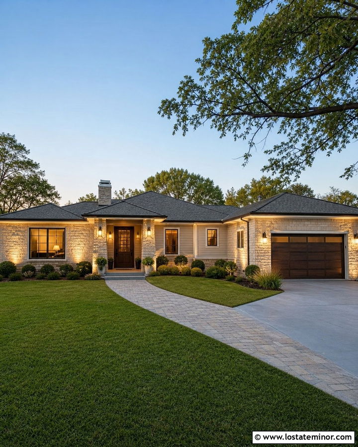 Stone Ranch House With Wall Wash Lighting - 30 Stone House Design With Lighting Ideas