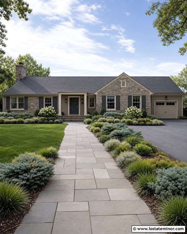 Stone Ranch House With Wide Flagstone Walkway - 30 Stone House Design With Walkway Ideas