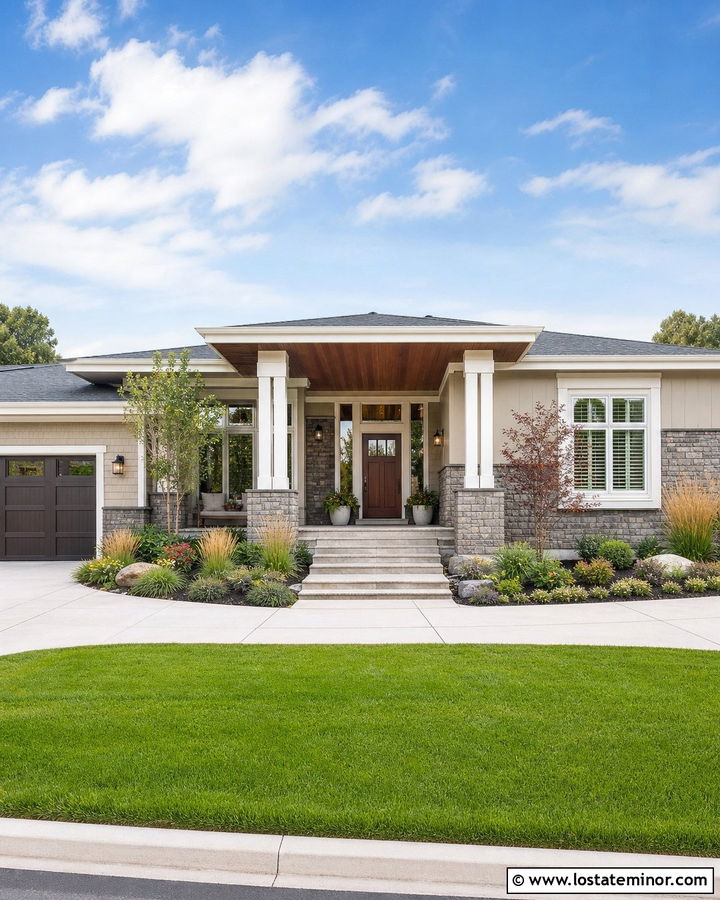 Stone Ranch House With Wide Portico - 30 Stone House Design With Portico Ideas