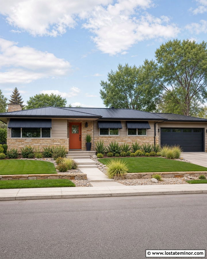 Stone Ranch House With Wide Window Awnings - 30 Stone House Design With Awning Ideas