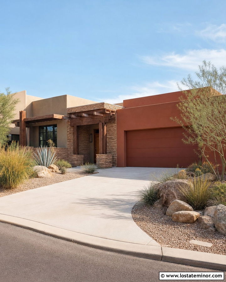 Stone Southwestern House With Rust Garage Door - 30 Stone House Design With Garage Door Ideas