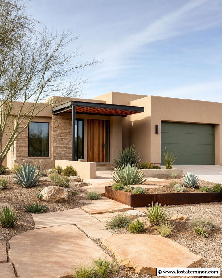 Stone Southwestern House With Wood Slat Awning - 30 Stone House Design With Awning Ideas