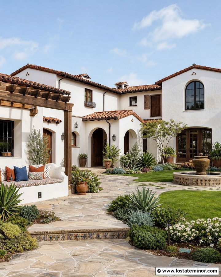 Stone Spanish House With Courtyard Daybed - 30 Stone House Design With Daybed Ideas