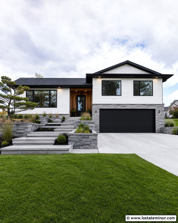 Stone Split Level House With Black Garage Door - 30 Stone House Design With Garage Door Ideas