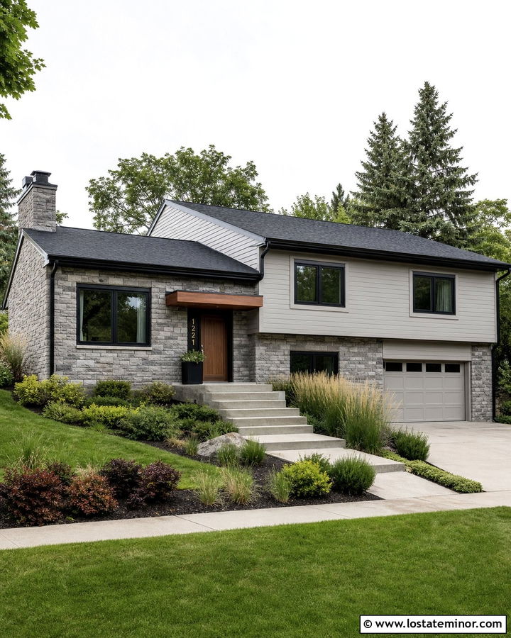 Stone Split Level House With Black Roof - 30 Stone House Design With Roof Ideas