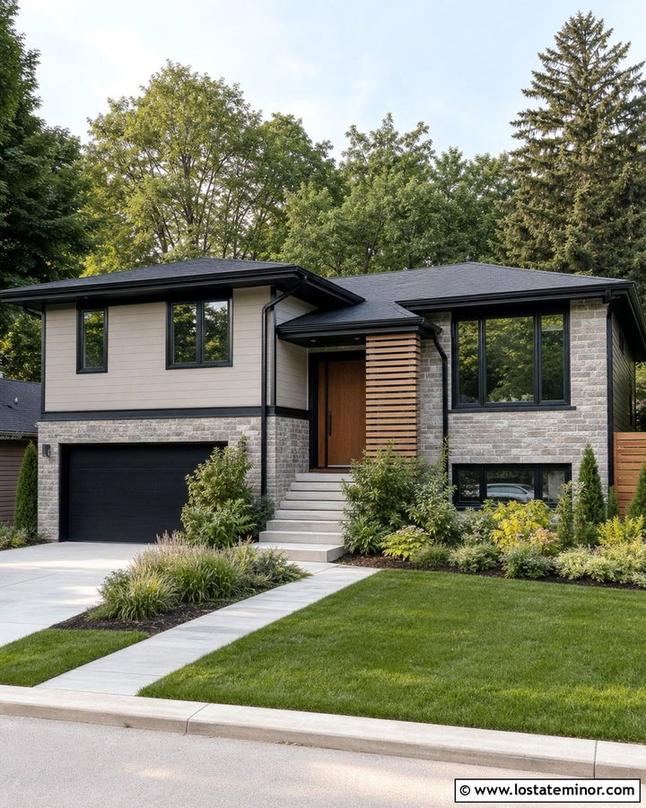 Stone Split Level House With Black Window Trim - 30 Stone House Design With Window Frames Ideas