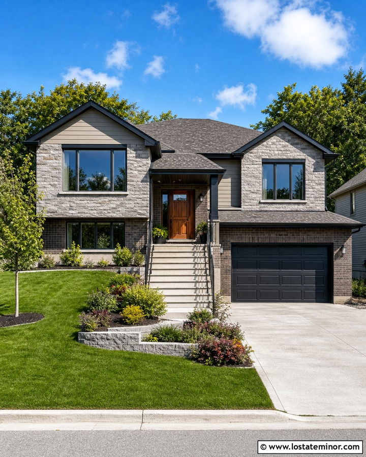 Stone Split Level House With Brick Garage Accents - 30 Stone House Design With Brick Accents Ideas