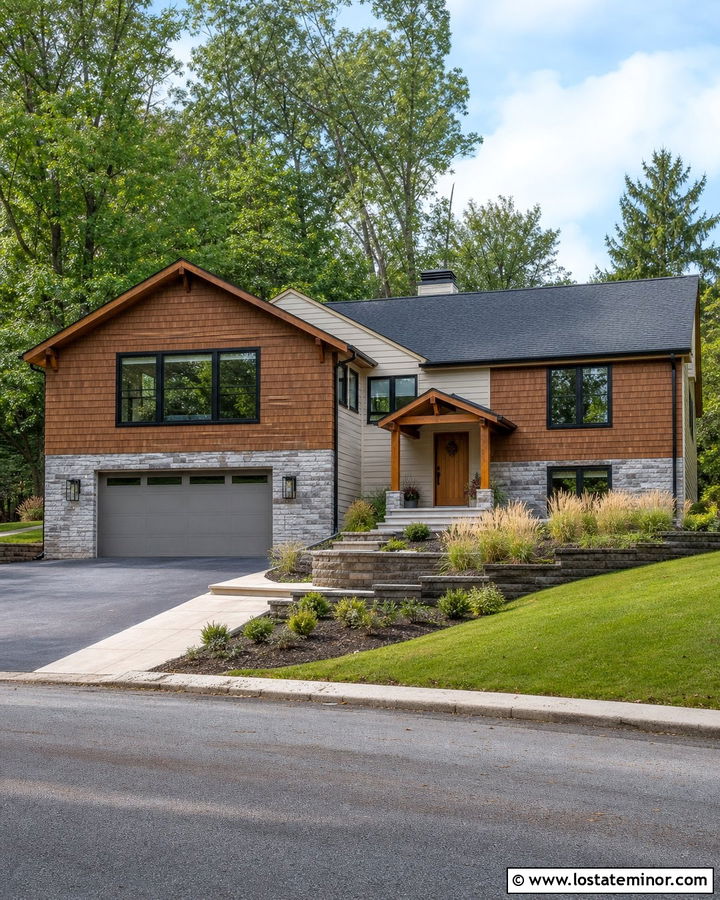 Stone Split Level House With Cedar Shake Siding - 30 Stone House Design With Cedar Shake Ideas