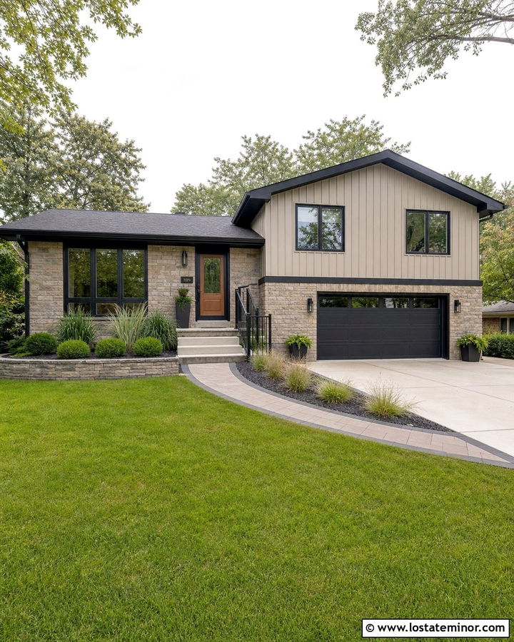 Stone Split Level House With Charcoal Screen Door - 30 Stone House Design With Screen Door Ideas