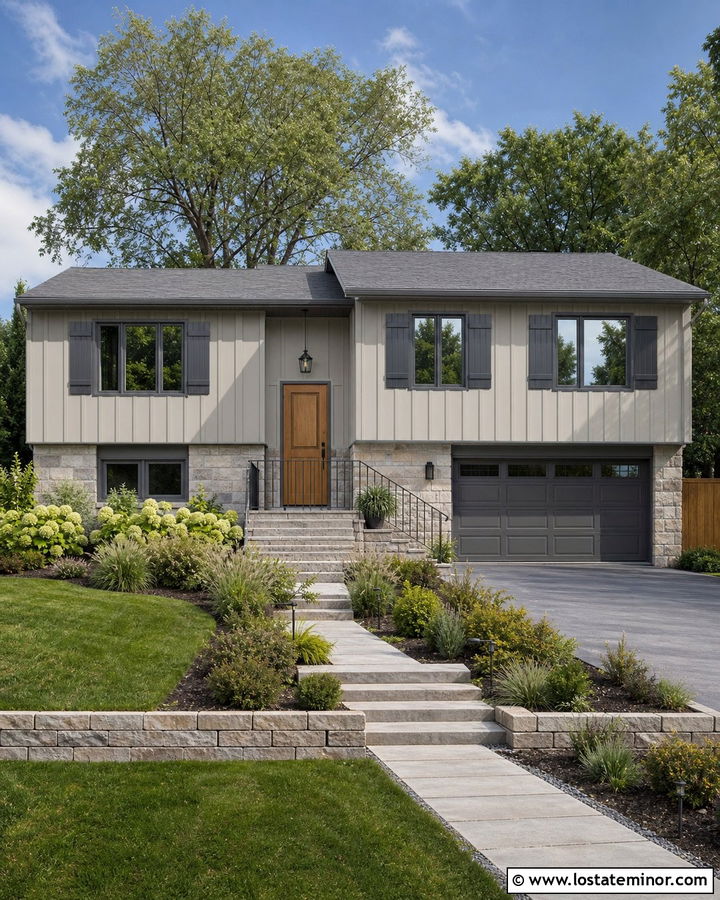 Stone Split Level House With Charcoal Shutters - 30 Stone House Design With Shutters Ideas