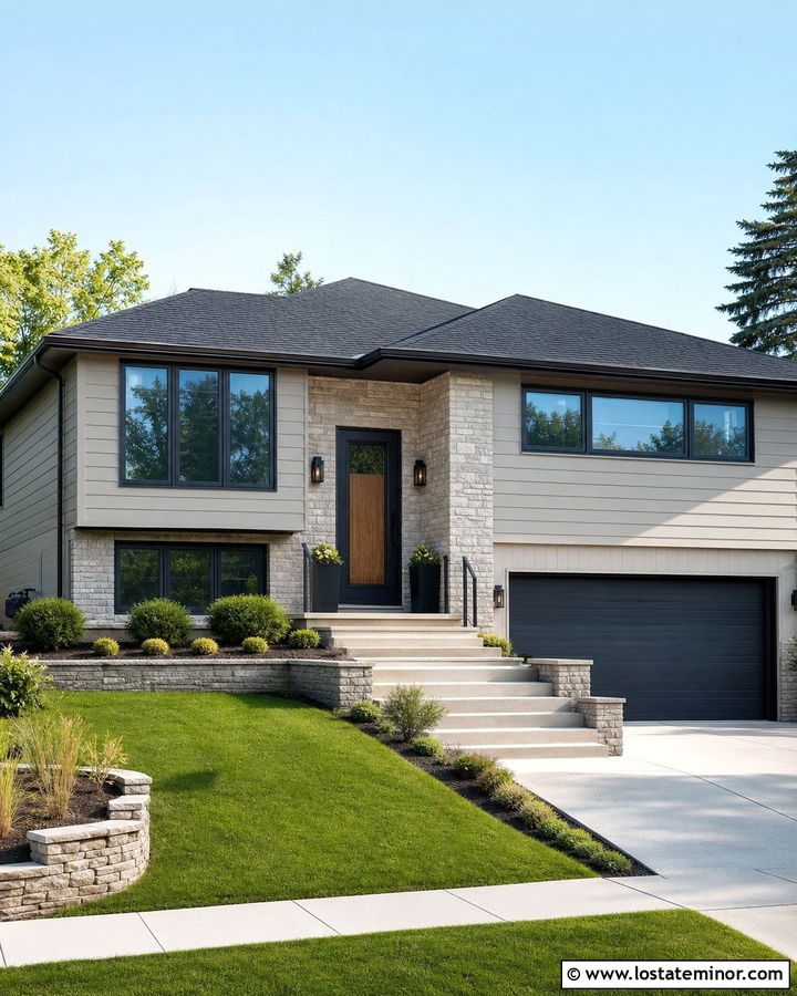Stone Split Level House With Charcoal Storm Door - 30 Stone House Design With Storm Door Ideas