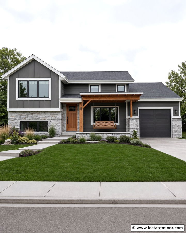 Stone Split Level House With Covered Swing Patio - 30 Stone House Design With Swing Ideas