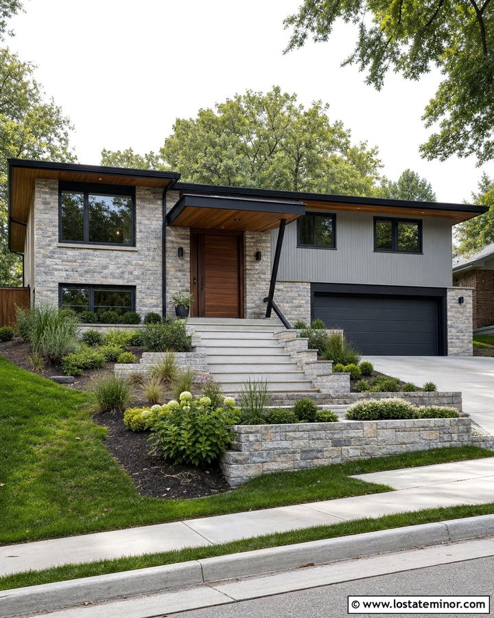 Stone Split Level House With Entry Awning - 30 Stone House Design With Awning Ideas
