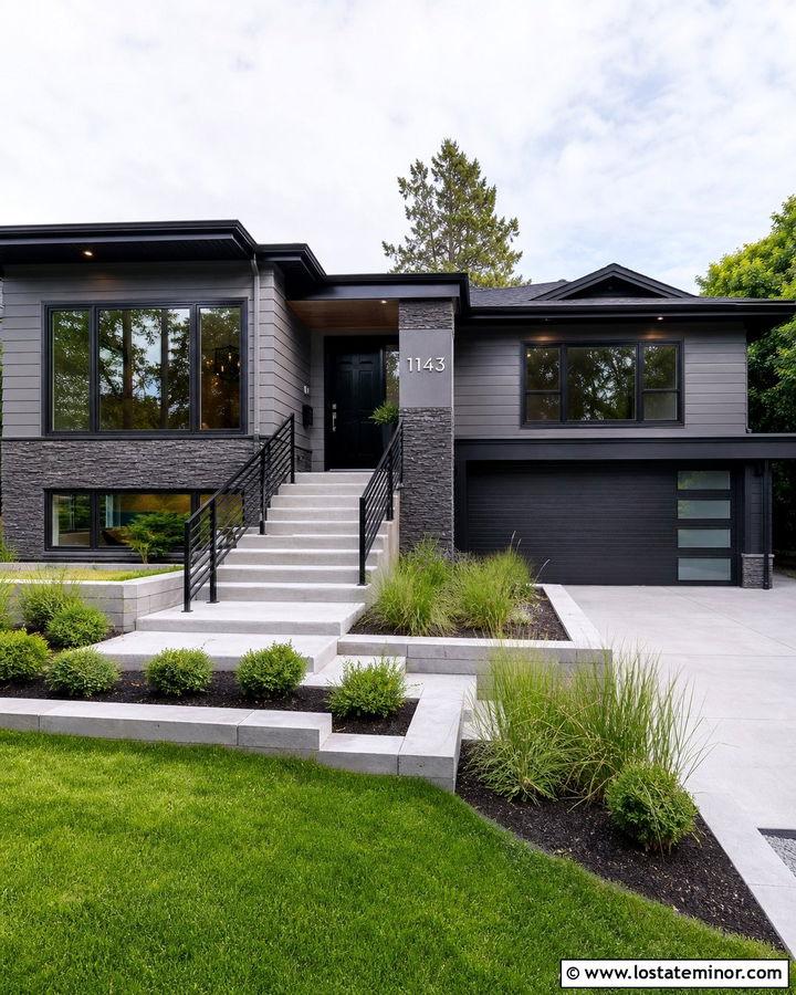 Stone Split Level House With Floating Numbers - 30 Stone House Design With House Numbers Ideas