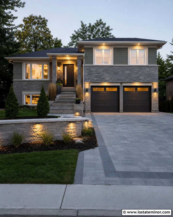 Stone Split Level House With Garage Lighting - 30 Stone House Design With Lighting Ideas