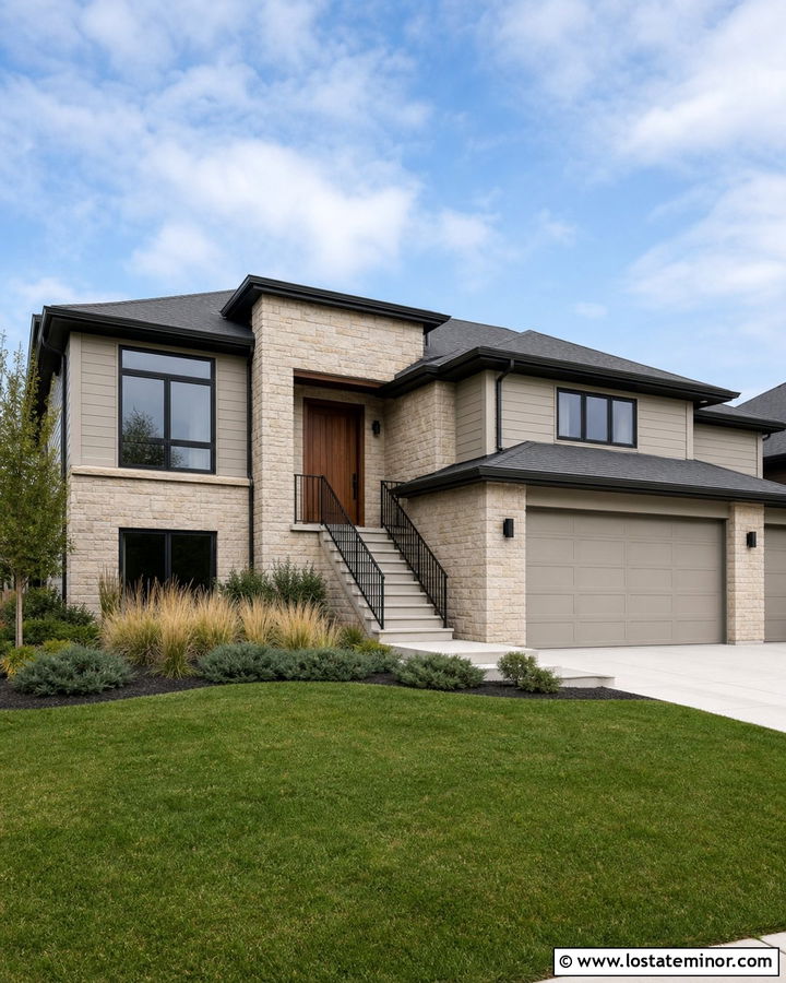 Stone Split Level House With Metal Railings - 30 Stone House Design With Railings Ideas