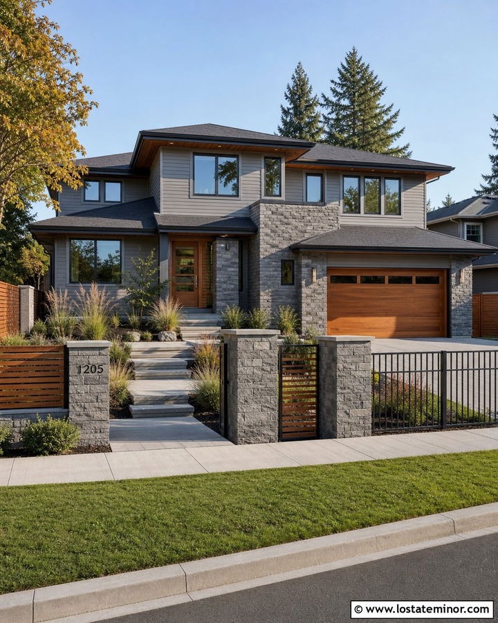 Stone Split Level House With Mixed Fence - 30 Stone House Design With Fence Ideas