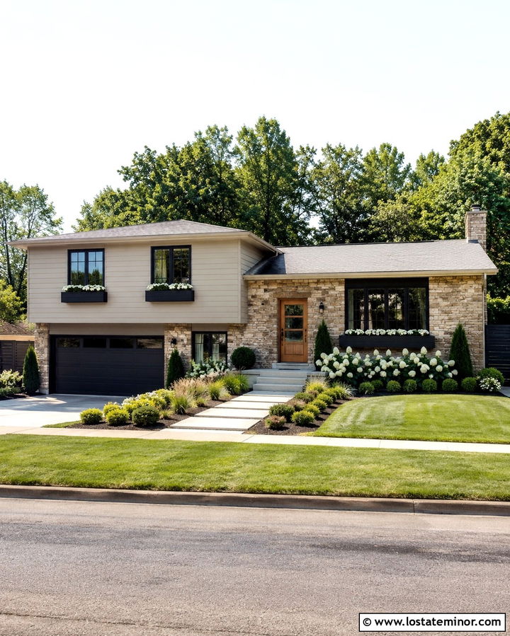 Stone Split Level House With Modern Window Boxes - 30 Stone House Design With Window Boxes Ideas