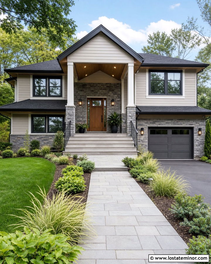 Stone Split Level House With Portico - 30 Stone House Design With Portico Ideas