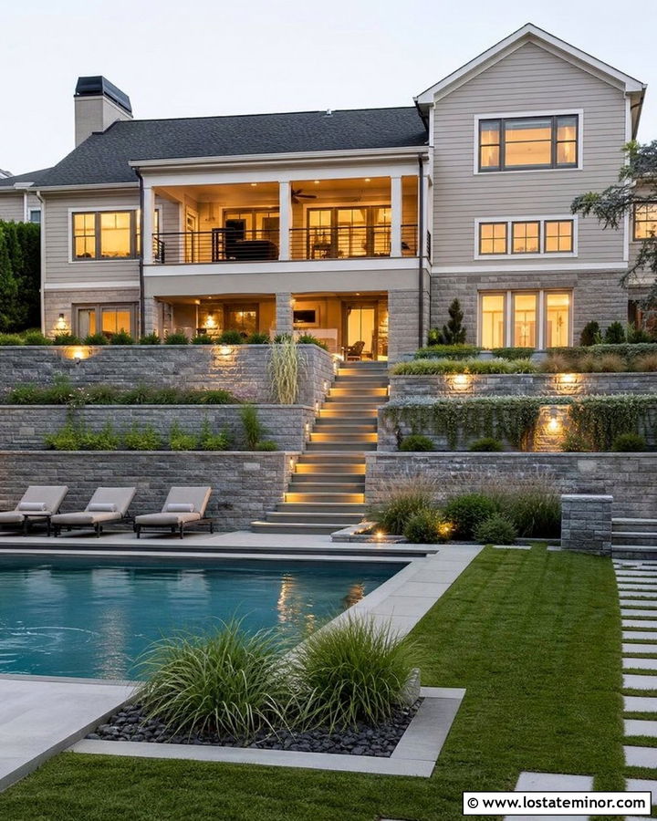 Stone Split Level House With Terraced Pool - 30 Stone House Design With Swimming Pool Ideas