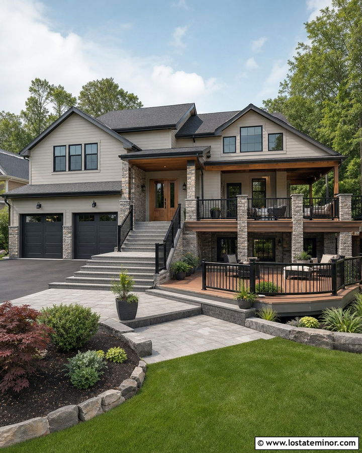 Stone Split Level House With Tiered Deck - 30 Stone House Design With Deck Ideas