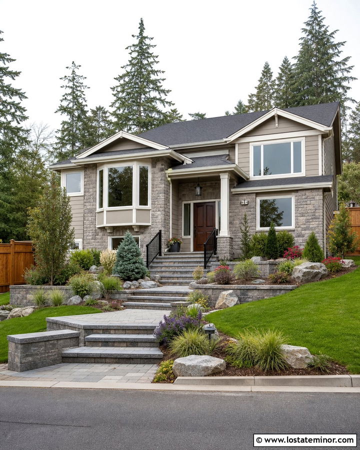 Stone Split Level House With Tiered Walkway - 30 Stone House Design With Walkway Ideas