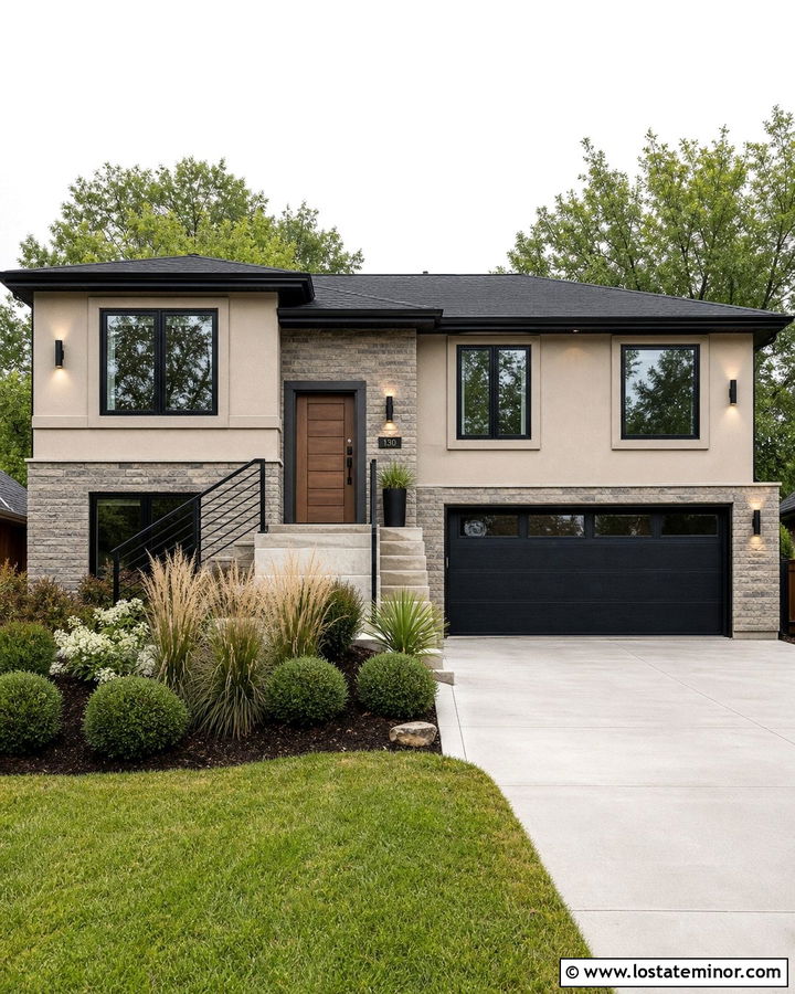 Stone Split Level With Cylinder Sconces - 30 Stone House Design With Light Fixtures Ideas