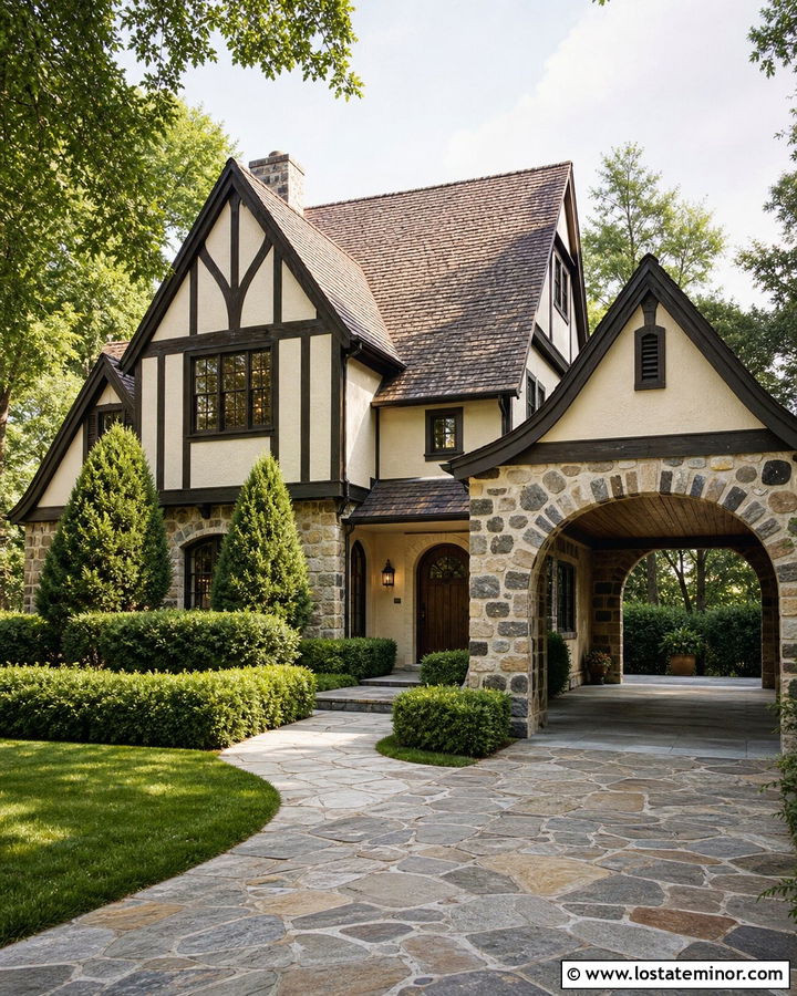 Stone Tudor House With Arched Carport - 30 Stone House Design With Carport Ideas