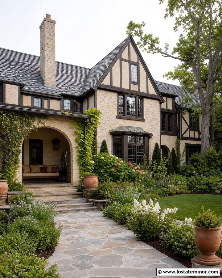 Stone Tudor House With Arched Porch Daybed - 30 Stone House Design With Daybed Ideas