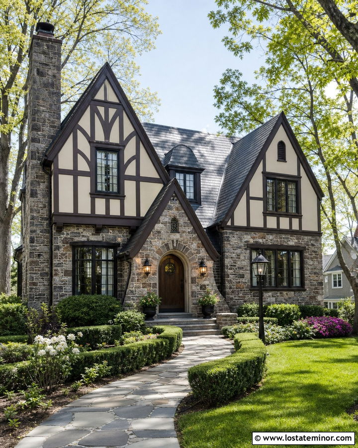 Stone Tudor House With Arched Portico - 30 Stone House Design With Portico Ideas