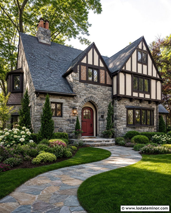 Stone Tudor House With Burgundy Dutch Door - 30 Stone House Design With Dutch Door Ideas