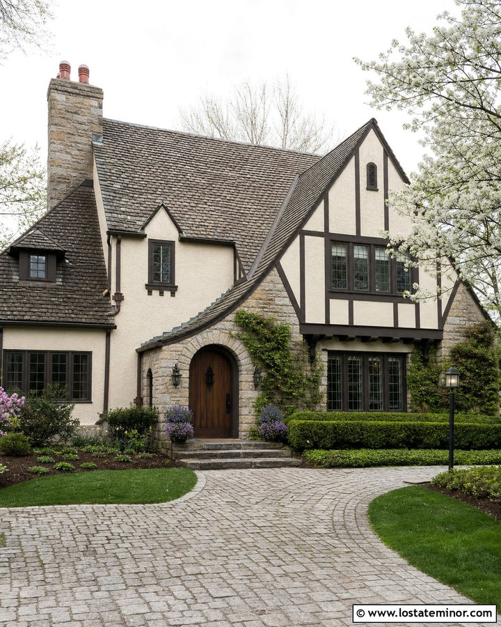 Stone Tudor House With Cobblestone Walkway - 30 Stone House Design With Walkway Ideas