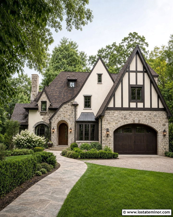 Stone Tudor House With Dark Brown Garage Door - 30 Stone House Design With Garage Door Ideas